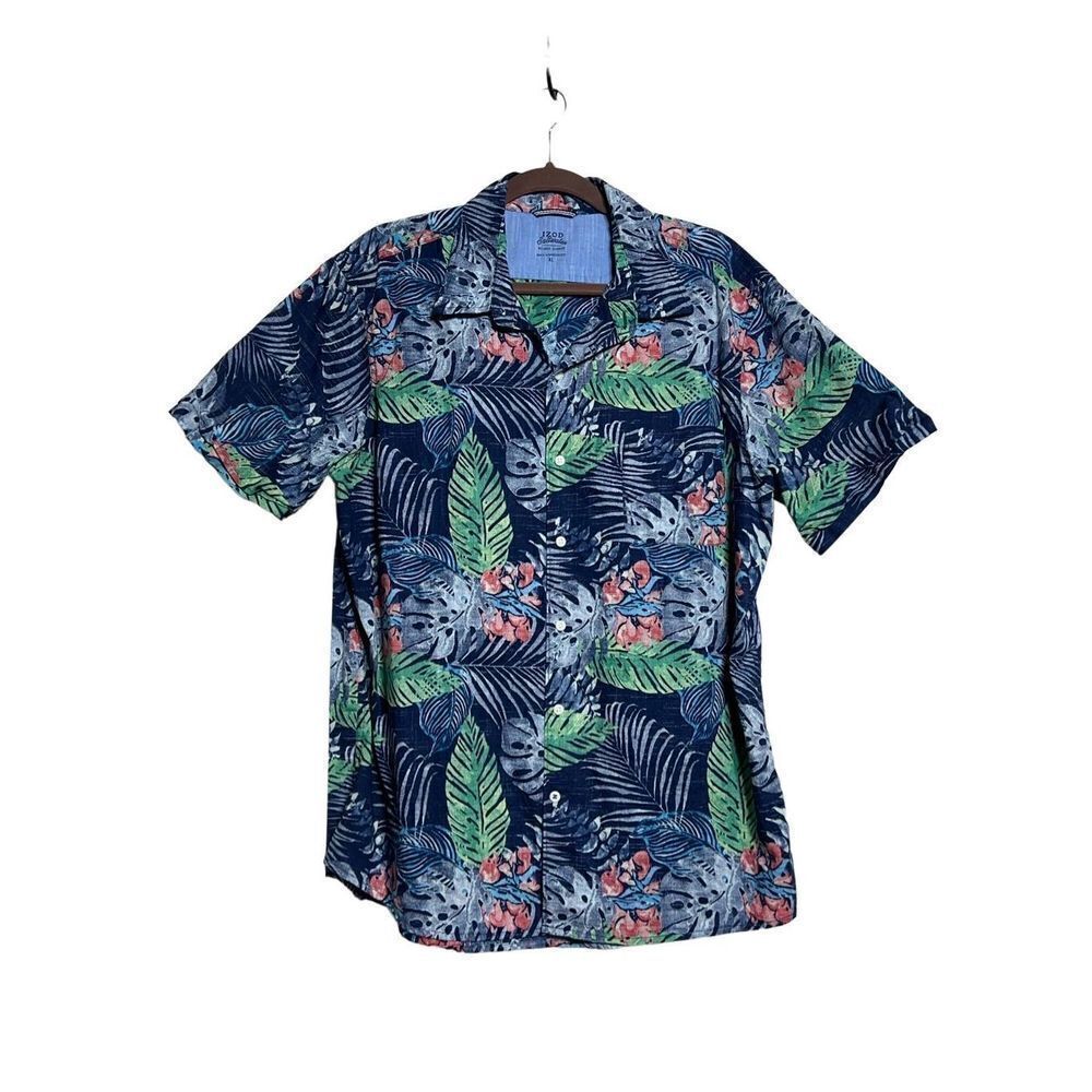 IZOD Short Sleeve Blue Hawaiian Button Up Collared Shirt Size XL